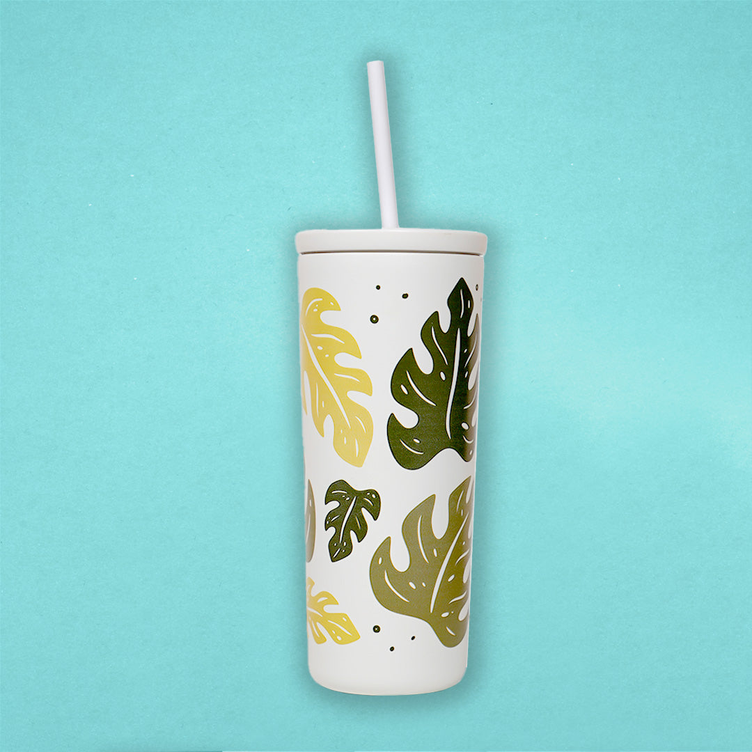 White 20oz Monstera Straw Tumbler