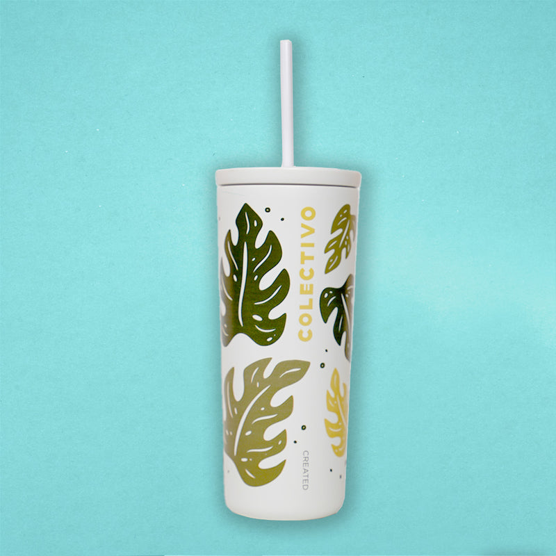 White 20oz Monstera Straw Tumbler